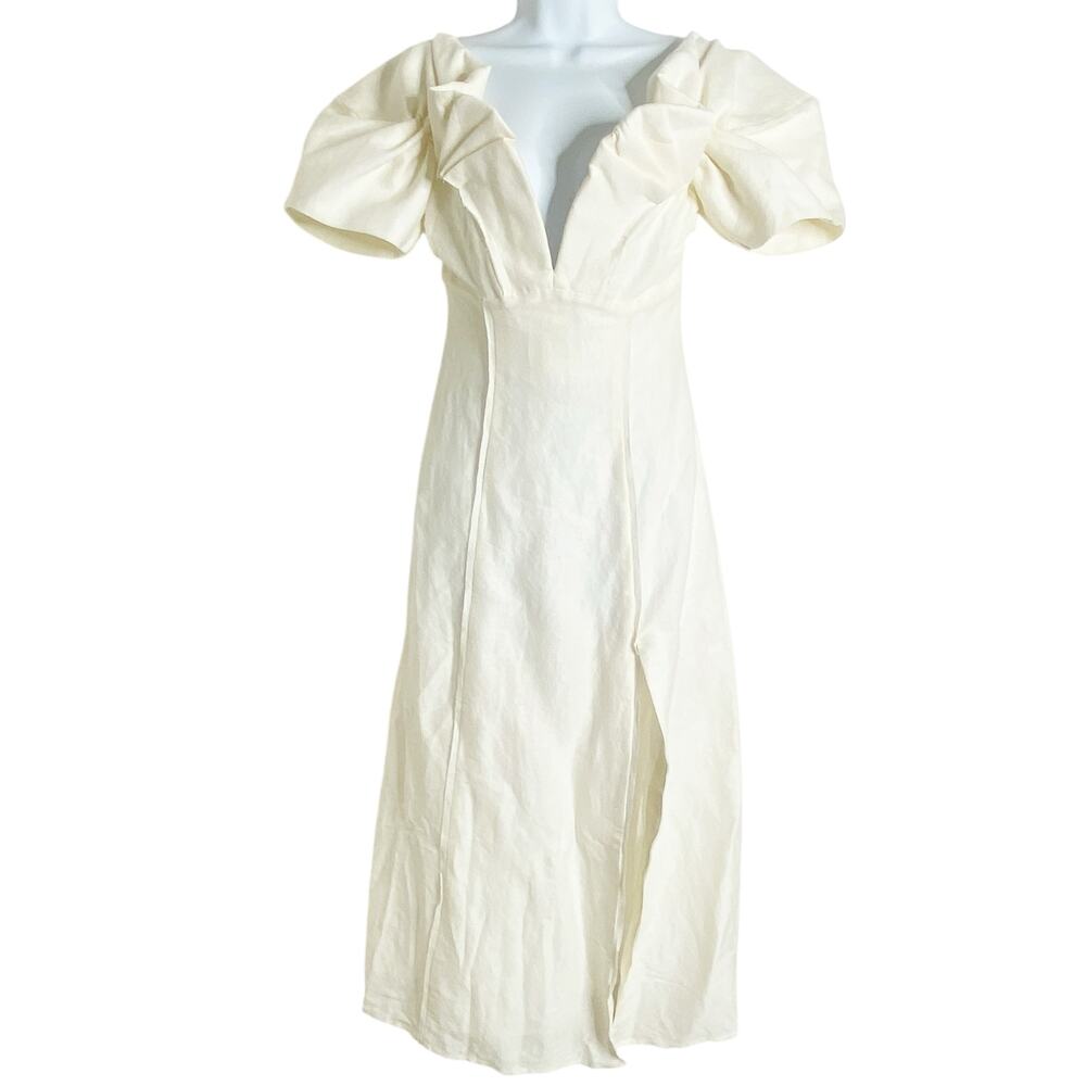 NWT Cult Gaia Muna Linen Raw Edge Cream Puff Sleeve Midi Dress 2 - Picture 6 of 9